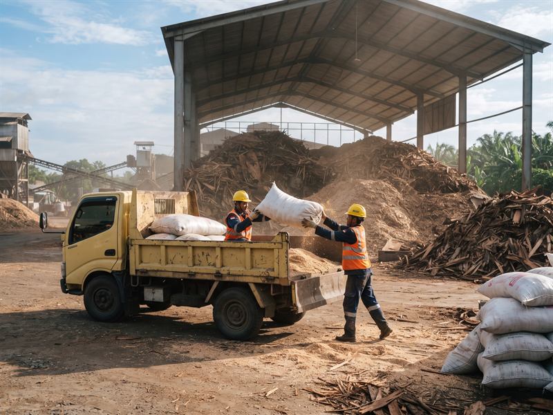 Ilustrasi pekerja memuat karung serbuk kayu ke truk di pabrik