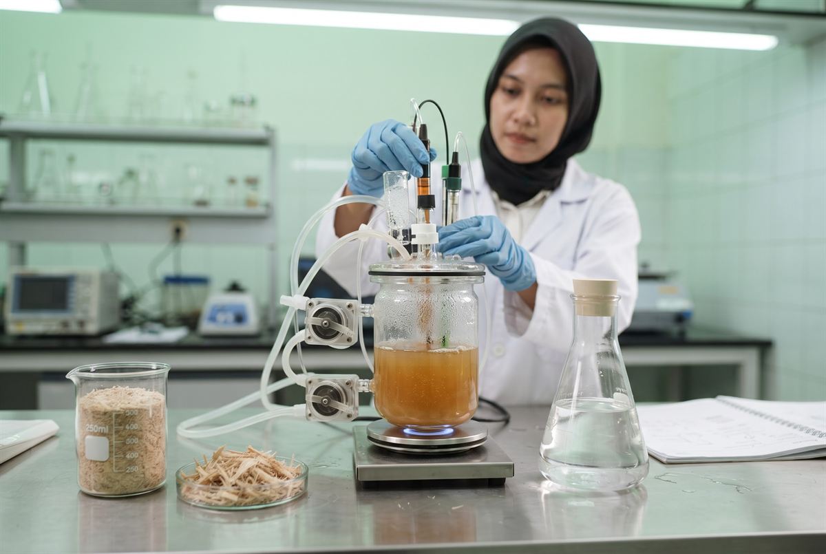 Ilustrasi peneliti menyiapkan bioreaktor fermentasi untuk riset bioetanol